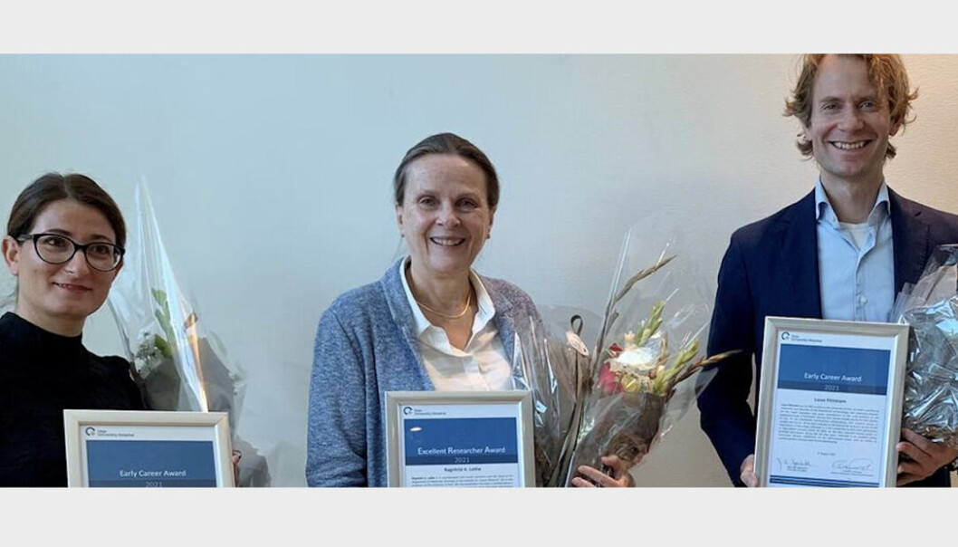 Her er vinnerne av årets priser til fremragende forskere fra venstre Marina Vietri, Ragnhild A. Lothe og Lasse Pihlstrøm Her er vinnerne av årets priser til fremragende forskere fra venstre Marina Vietri, Ragnhild A. Lothe og Lasse Pihlstrøm