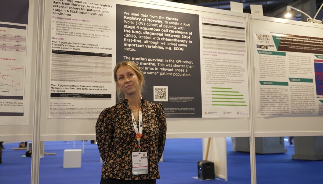 På ESMO presenterer Siri Børø en poster som er en del av hennes doktorgradsarbeid. Den handler om hvordan helsedata kan benyttes som effektdokumentasjon og til å etablere registerbaserte kontrollarmer i kliniske studier.