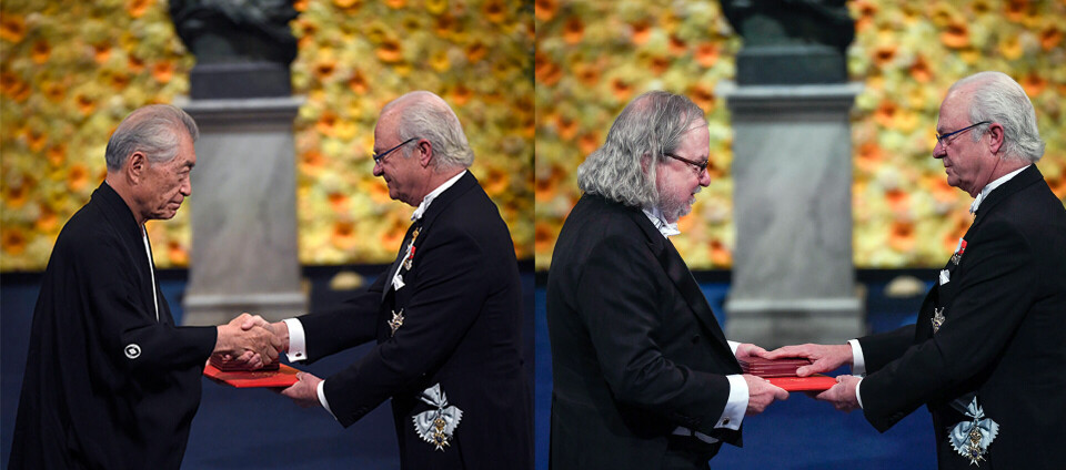 Jim Allison og Tatsuko Honjo motar nobelprisen fra den svenske kongen