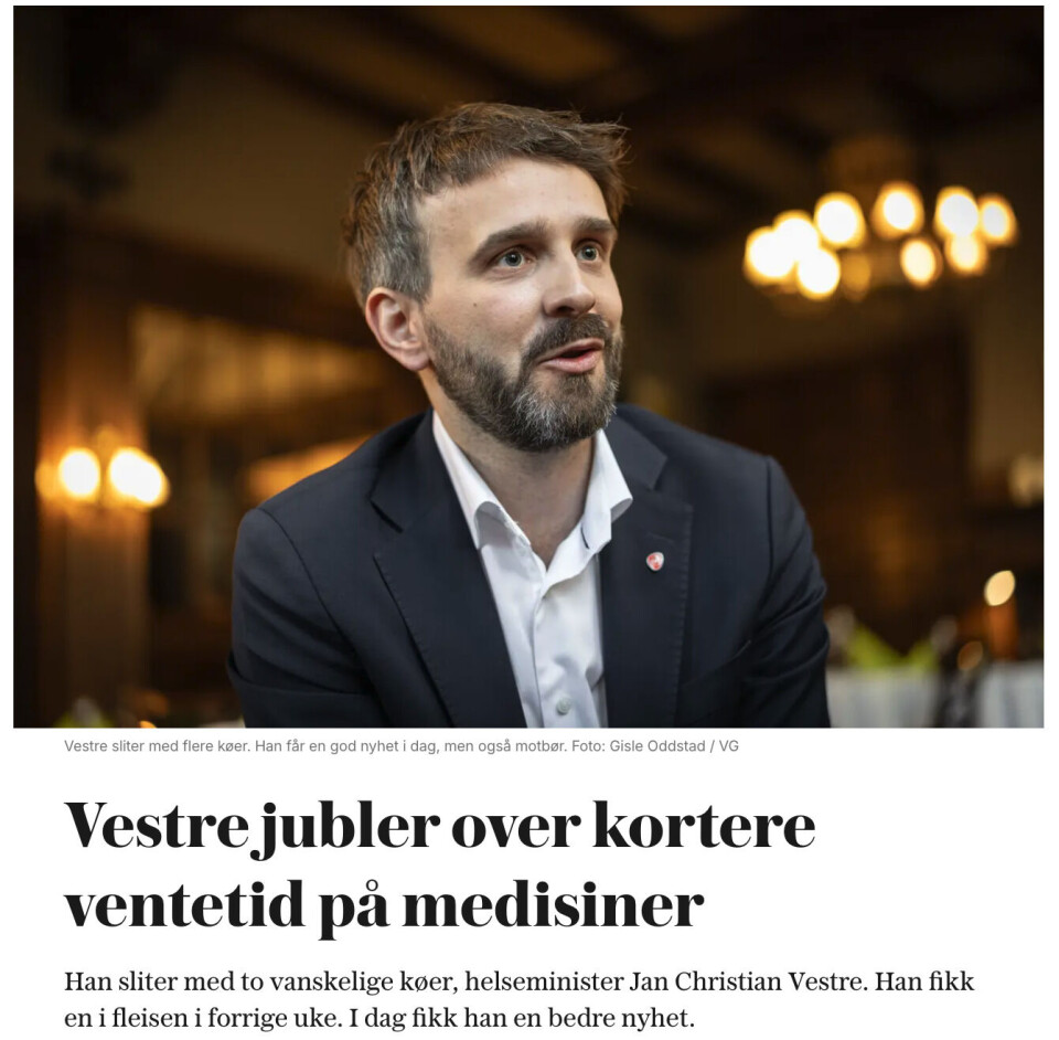 Jubler: 'Vestre jubler over kortere ventetider', skriver VG, men unnlater å nevne at ventetiden har økt siden 2021 og 2022.