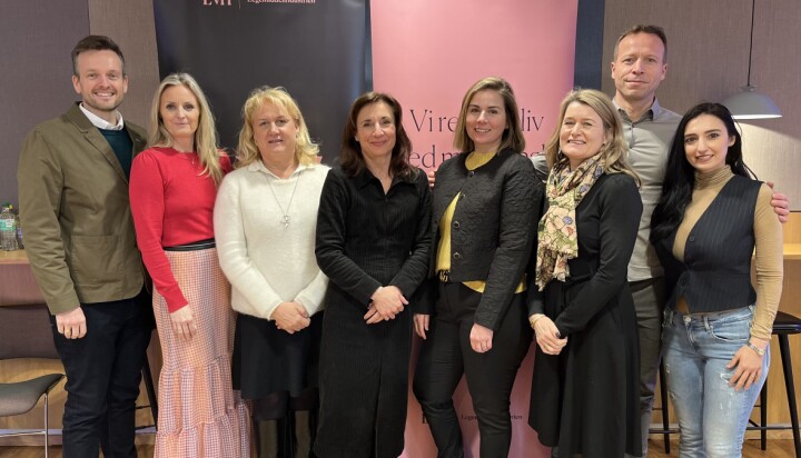 Det nye LMi-styret: Fra venstre: Martin Haswell (Roche), Kirsti Nyhus (Abbvie), Cathrine Thomassen (GE Healthcare), Veronika Barrabés (Novartis), Anne Sveaass (Johnson & Johnson), Guro Bjøntegaard (AstraZencca), Morten Tangnes (Biogen) og Andrea Mocofan (MSD). Sebastian Heckerodt (Halden Pharma) var ikke tilstede under fotografering.