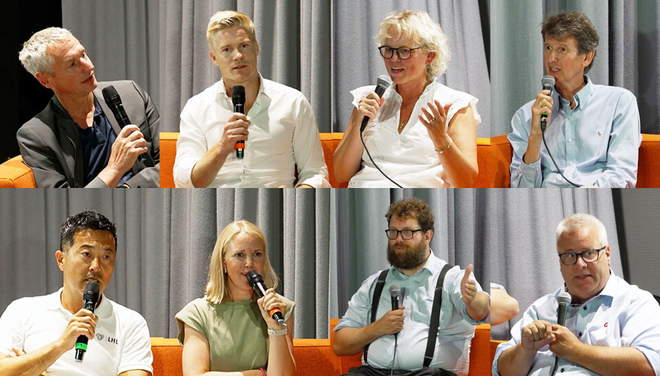 Montasje med bilder av alle deltakerne på liveinnspilling av HealthTalk-podcasten på Arendalsuka 2025: Øverst fra venstre: Ulrich Spreng (Helse Sør-Øst), Jens Torup Østby (BMS), Eline Aas (UiO), og Terje Rootwelt (Helse Sør-Øst). Nederst fra venstre: Magne Wang Fredriksen (LHL), Stine Høibak-Nissen (Kreftforeningen), Karl kristian Bekeng (HOD) og Bård Hoksrud (Frp).