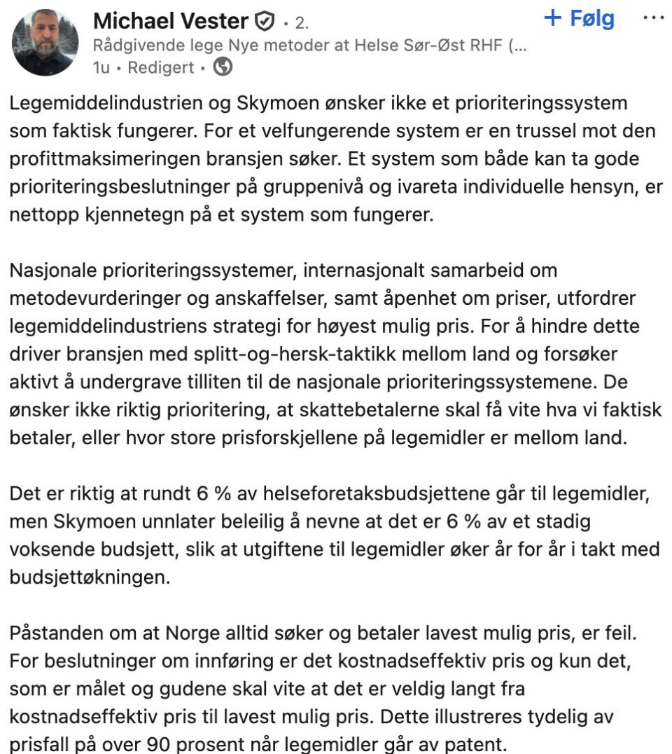 Nye metoder-lege omtaler legemiddelindustrien som «grådige» og «skruppelløse» – gir DMP råd om terskelverdi