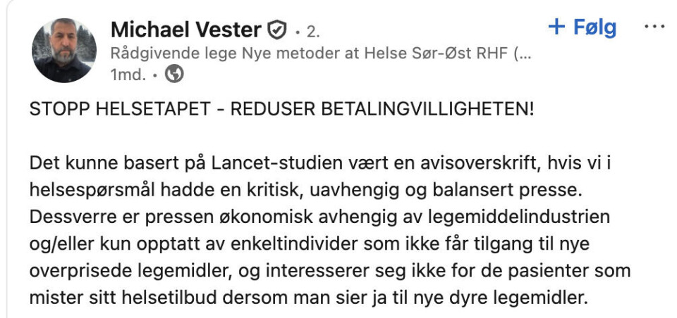 Nye metoder-lege omtaler legemiddelindustrien som «grådige» og «skruppelløse» – gir DMP råd om terskelverdi